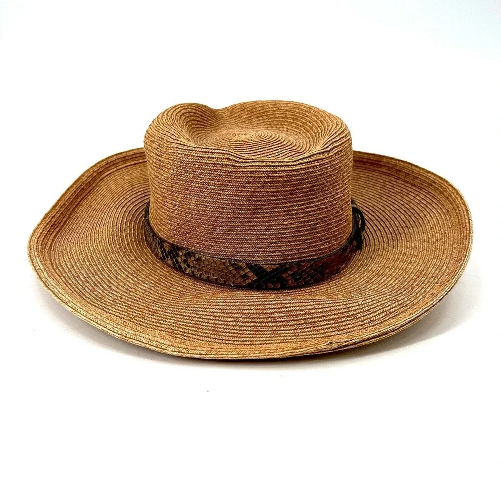 Eric Javits Tan-Brown Straw Sun Hat with Snakeskin Trim